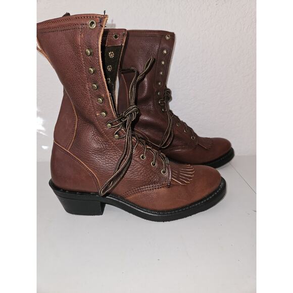 New! Double-H Womens 9 M Boots Kiltie Lace Up Lacer DH9965 Brown Leather Cowgirl - Picture 2 of 11